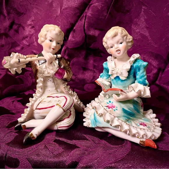 Victorian Lace Porcelain Boy & Girl Figurine Set - Picture 1 of 13